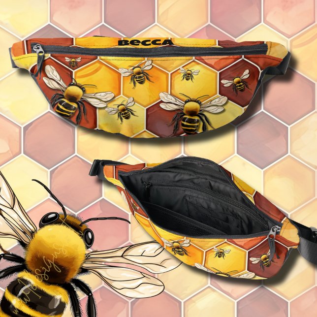 Hummeln- und Honeycomb-Muster Bauchtasche (Bee lovers fanny pack you can personalize in honeycomb pattern with bumble bees. )