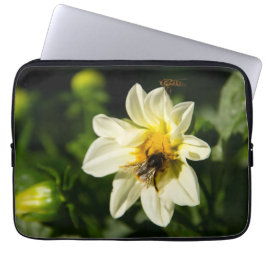 Hummeln und weißes Dahlia-Foto Laptopschutzhülle