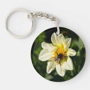 Hummeln und weißes Dahlia-Foto Schlüsselanhänger