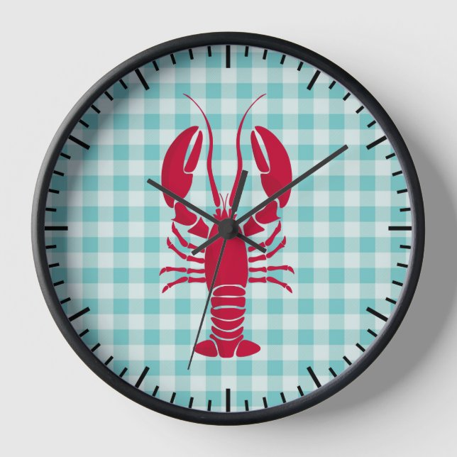 Hummer auf blauem Gingham-Küchenstil Uhr (Vorderseite)