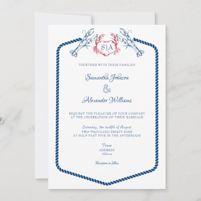 Hummer Nautical Monogram Script Hochzeit der Marin Einladung (Vorderseite)