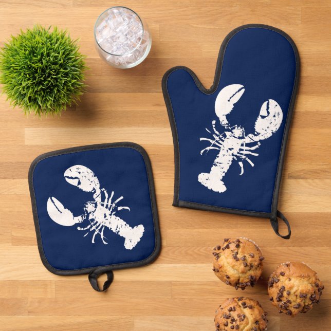 Hummer Seafood Navy Blau und Weiß Elegant Ofenhandschuh & Topflappen-Set (Oben Unten)