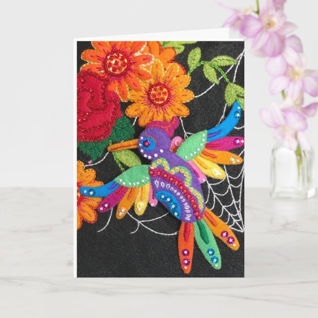 Hummiingbird Felt Sequin Beads Stitched Pretty  Karte (Orchidee)