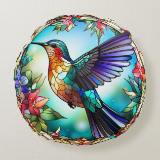 Humming Bird im festgefahrenen Glass-Stil Rundes Kissen