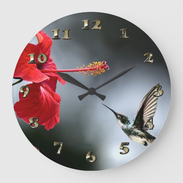 Humming Bird und Rote Blume Große Wanduhr (Vorderseite)