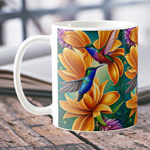 Humming Vögel auf orangefarbenen Blüten Kaffeetasse