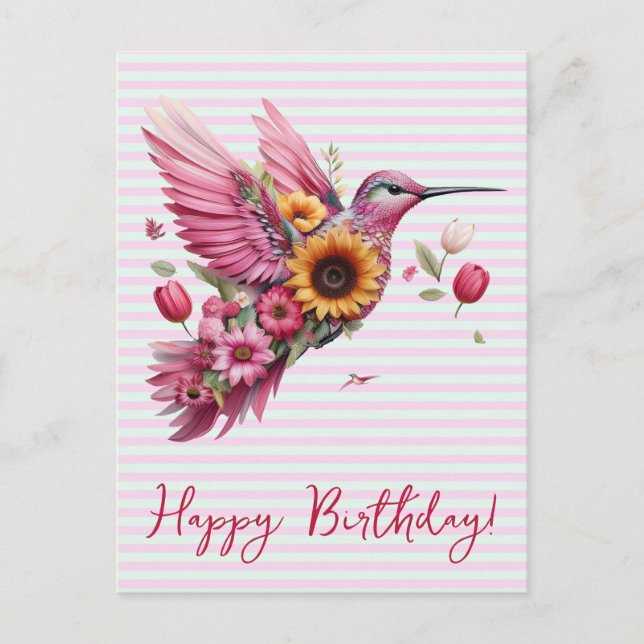 Humming Vogel fliegt Happy Birthday Postkarte (Vorderseite)
