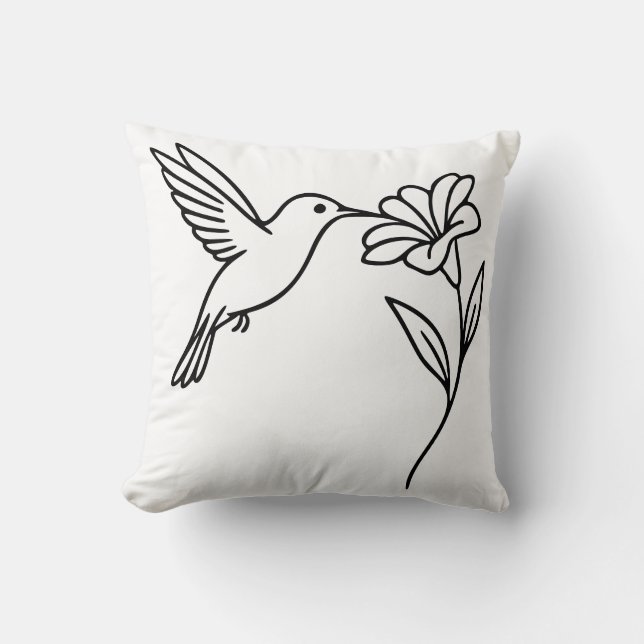 Hummingbird and Flower – Minimalist Black Line Art Kissen (Vorderseite)