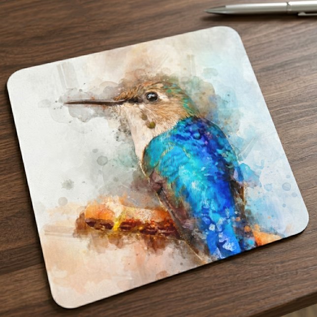 Hummingbird auf einem Zweig Wasserfarbe - 01 Mousepad (Vibrant Watercolor Hummingbird Bird on a branch. Mouse Pad )