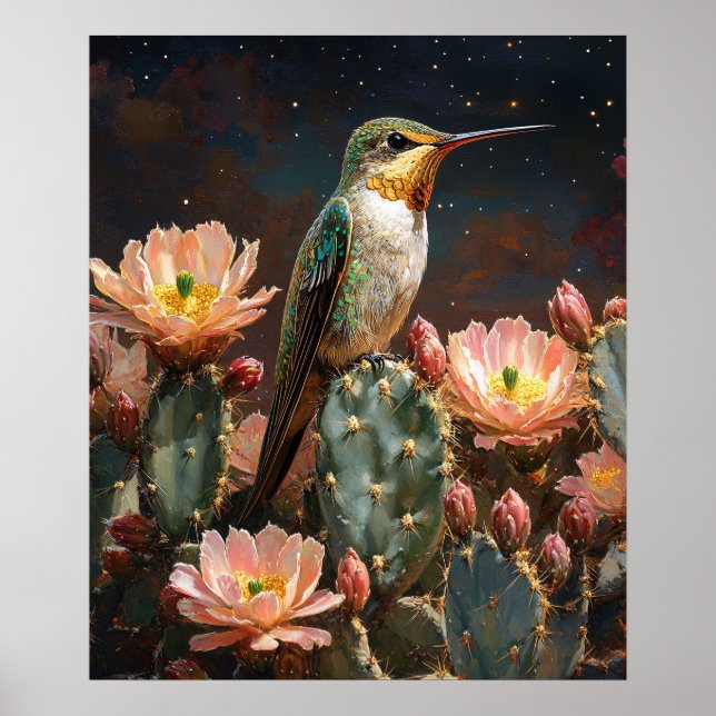 Hummingbird auf einer blühenden Kaktus Poster (Vorne)