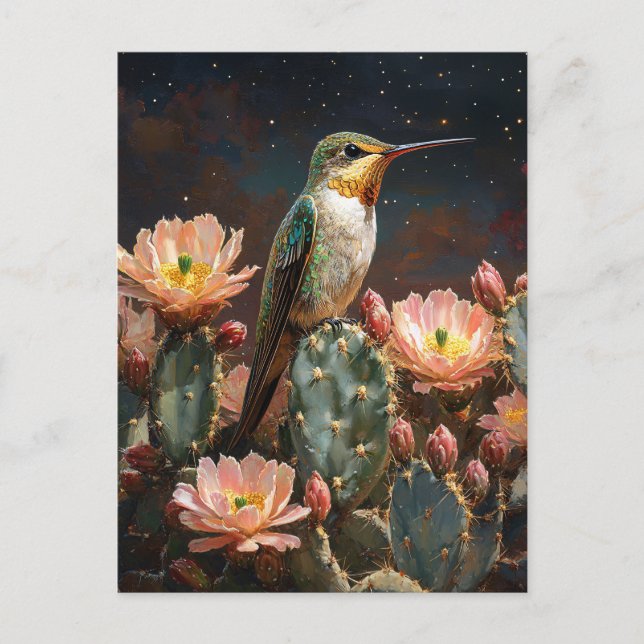 Hummingbird auf einer blühenden Kaktus Postkarte (Vorderseite)
