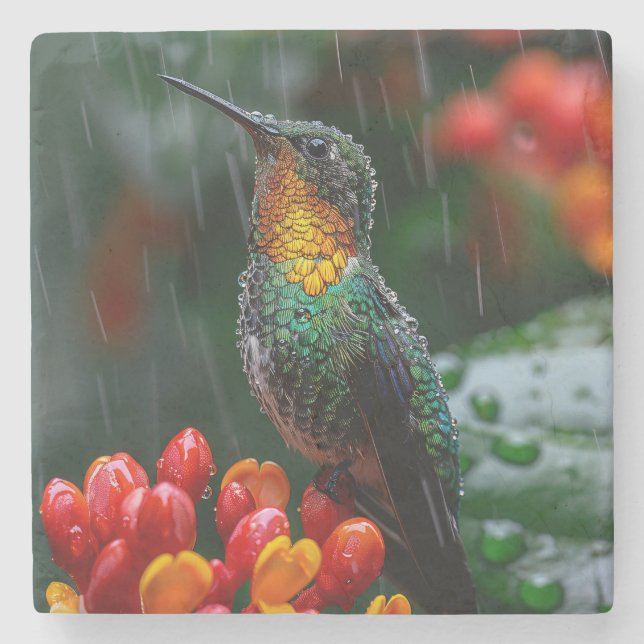 Hummingbird auf heller Blume Steinuntersetzer (Vorderseite)
