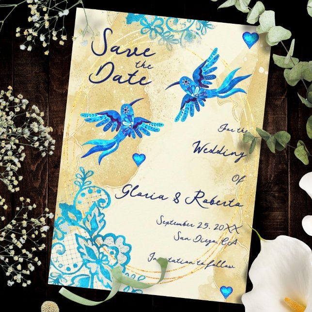 Hummingbird Baroque Gold Elegance Mexican Wedding Save The Date (Mexican artistry shines in turquoise lace, gold textures, and luminous blue heart details.)