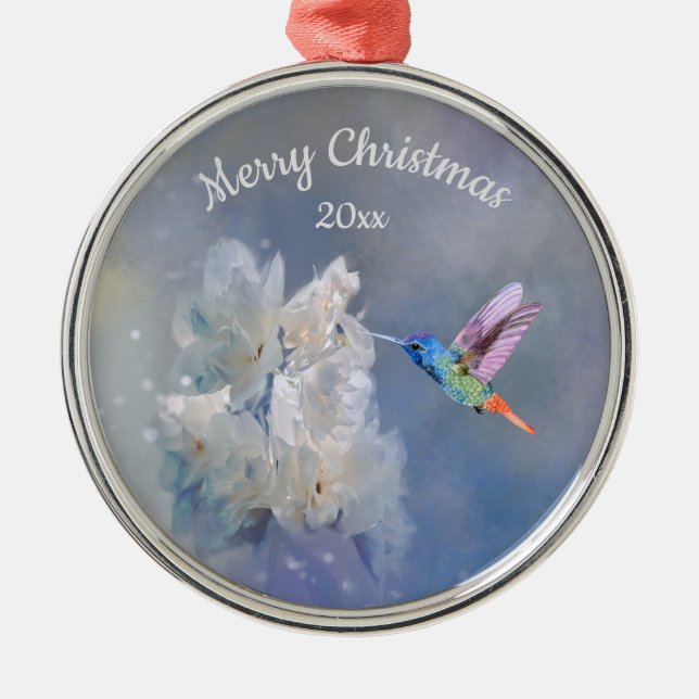 Hummingbird Bird White Garden Blume Weihnachten Ornament Aus Metall (Vorne)