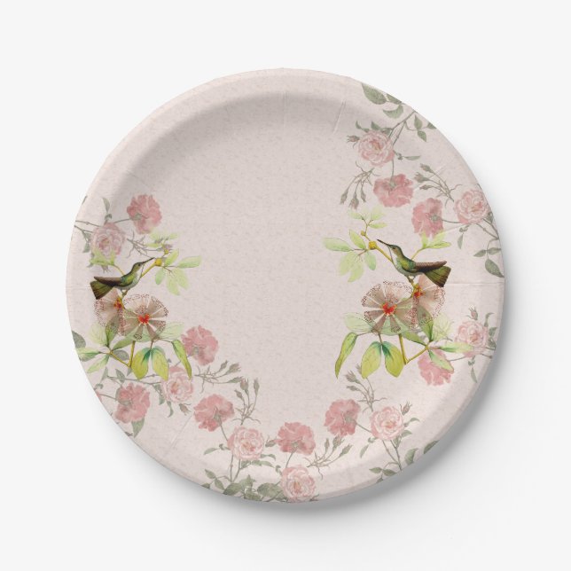 Hummingbird Birds Rose Rosebud Flowers Paper Plate Pappteller (Vorderseite)