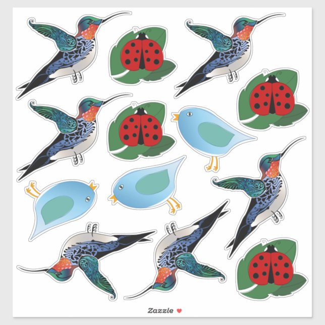 Hummingbird Blue Bird Ladybug Illustrationen Aufkleber (Blatt)