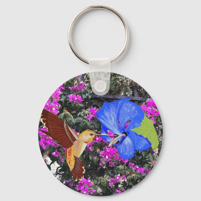 Hummingbird, Blue Hibiscus, & Bougainvillea Schlüsselanhänger (Vorderseite)