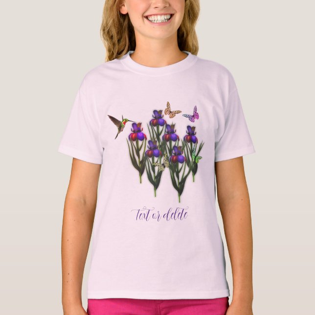 Hummingbird Butterfets Iris Blume Personalisiert T-Shirt (Vorderseite)