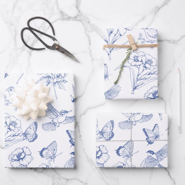 Hummingbird & Butterfly Toile Blue Wrapping Geschenkpapier Set (Vorderseite)