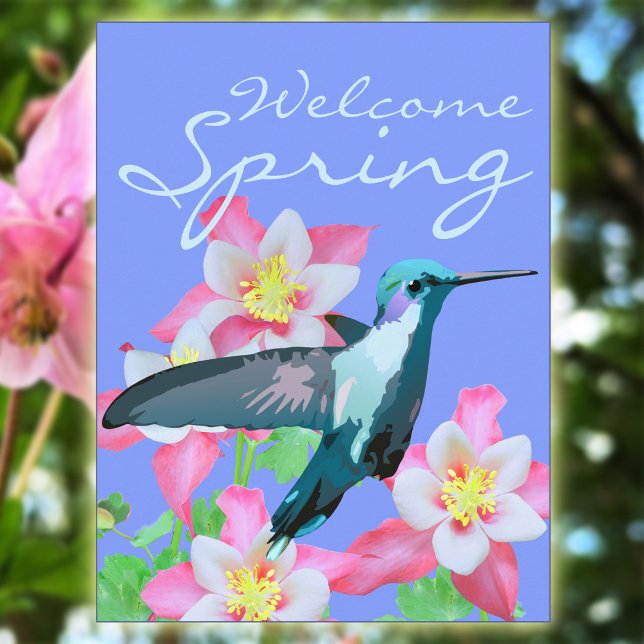 Hummingbird Columbine Welcome Spring Periwinkle Postkarte (Von Creator hochgeladen)