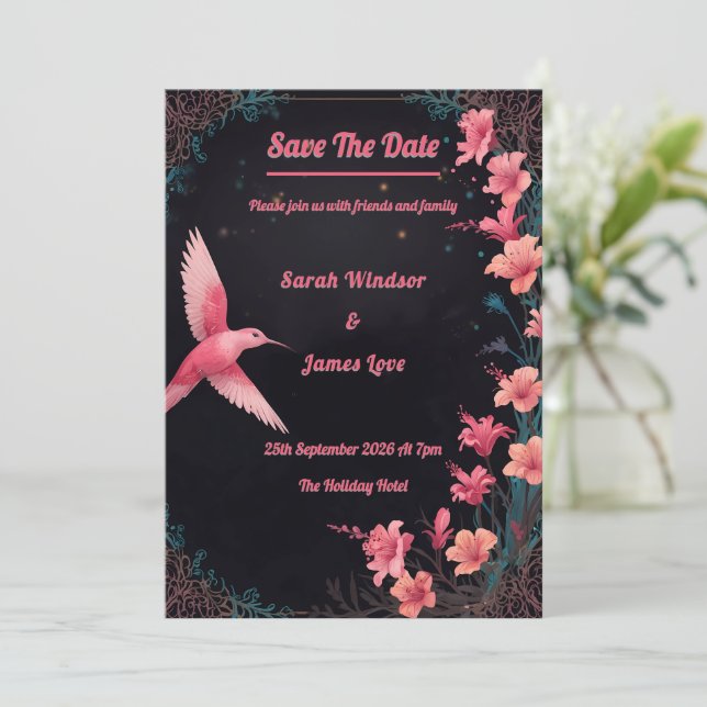 Hummingbird Dark Botanical Theme Einladung (Stehend Vorderseite)