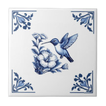 Hummingbird Delft Blue White Floral Corners Bird
