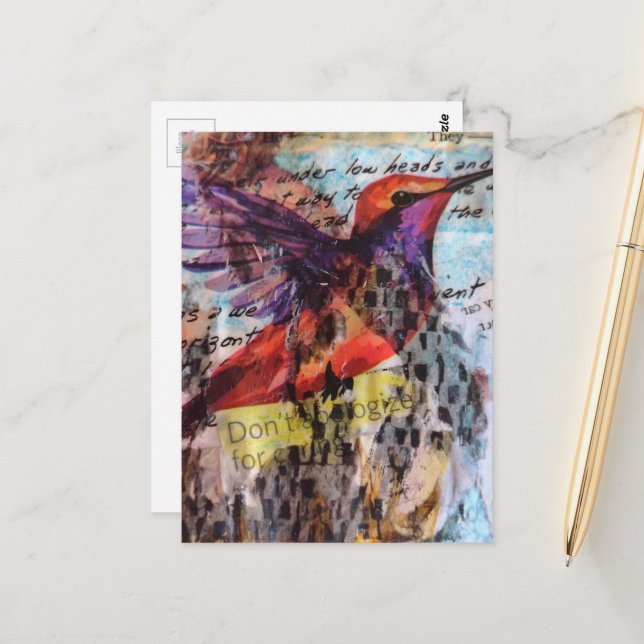 Hummingbird don't apologize for caring mixed media postkarte (Vorderseite/Rückseite Beispiel)