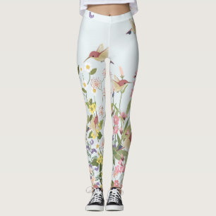 Hummingbird Floral Garden Vintag Illustration Leggings