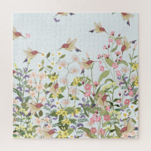 Hummingbird Floral Garden Vintag Illustration Puzzle