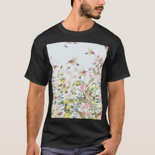 Hummingbird Floral Garden Vintag Illustration T-Shirt