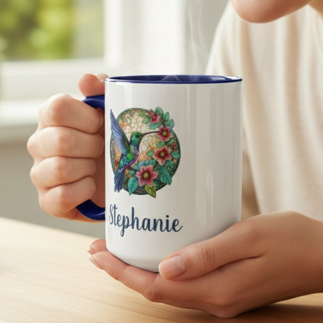 Hummingbird Floral Personalized Coffee Mug Tasse (Stained glass personalized hummingbird floral coffee mug)