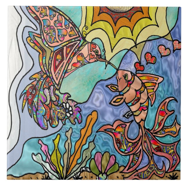Hummingbird Goldfish Reflection Art Keramik Tile Fliese (Vorderseite)