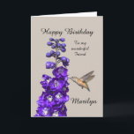 Hummingbird Happy Birthday Friend, Marilyn Karte<br><div class="desc">"Hummingbird Happy Birthday Friend,  Marilyn" von Catherine Sherman.
Ein Kolibris-Nektar aus einem lila Delphinium schafft einen schönen Geburtstag. Sie können diese Karte mit jedem Namen und Anlass personalisieren.</div>