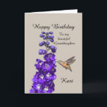 Hummingbird Happy Birthday Granddaughter Kari Karte<br><div class="desc">"Hummingbird Happy Birthday Granddaughter" von Catherine Sherman. A hummingbird sipping nectar from a purple delphinium creates a beautiful greeting for a birthday. You can personalize this card with any name and chance.</div>