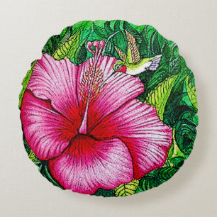 Hummingbird Hibiskus Aquarellbilder Rundes Kissen