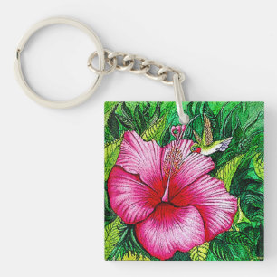 Hummingbird Hibiskus Aquarellbilder Schlüsselanhänger