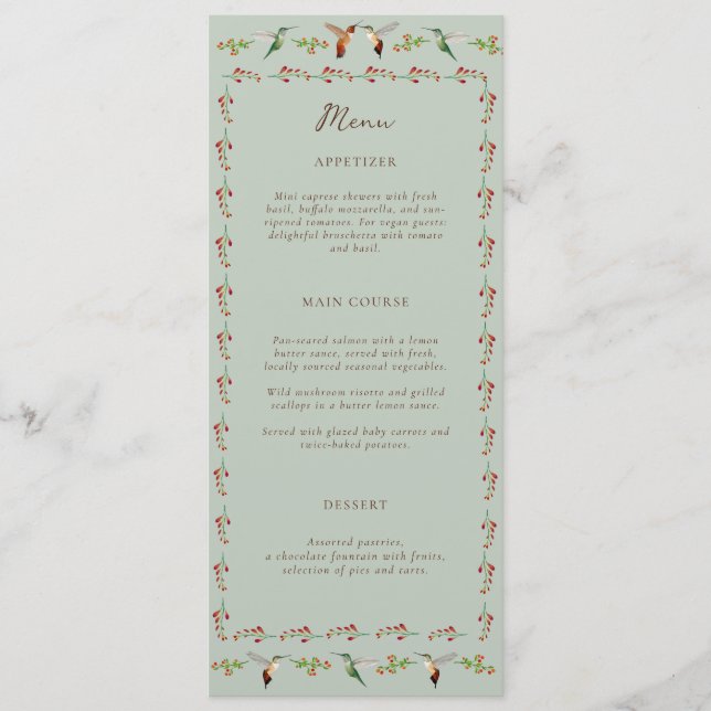 Hummingbird-Hochzeitsmenü Menükarte (Vorderseite)