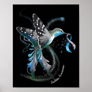 Hummingbird Holding Gray Blue Ribbon T1d Diabetes Poster