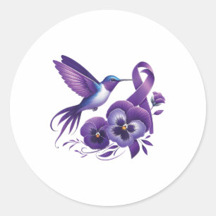 Hummingbird Holding Lila Pansy Ribbon Heimer Awa Runder Aufkleber