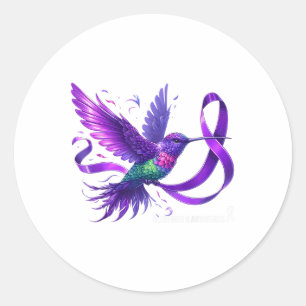 Hummingbird Holding Lila Ribbon Heimers Awarenes Runder Aufkleber