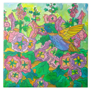 Hummingbird Hollyhocks Pink Garden Blume Fliese