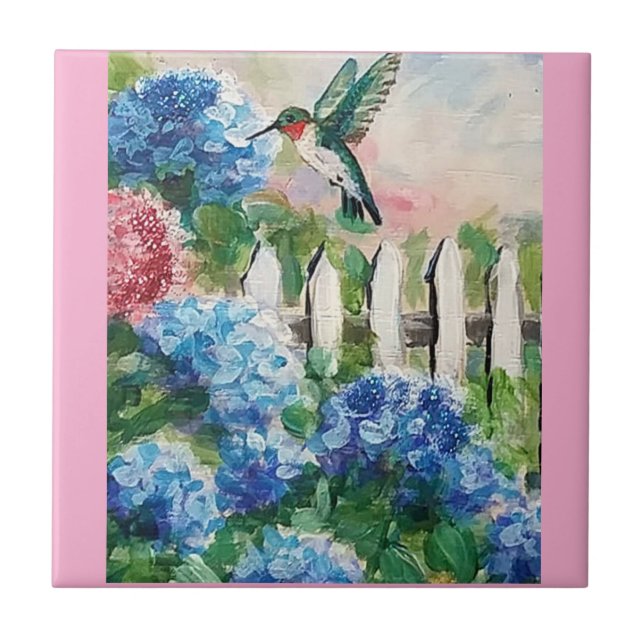 Hummingbird & Hydrangea Blume Dekorative Fliesen (Vorderseite)