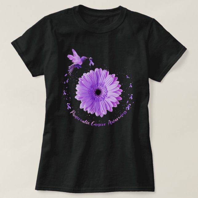 Hummingbird Lila Sunflower Bauchspeicheldrüsenkreb T-Shirt (Design vorne)