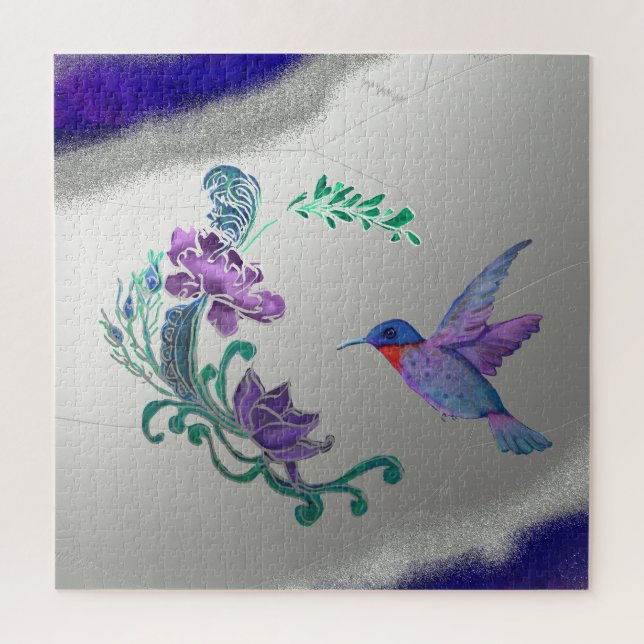 Hummingbird mit Blume im Geode-Hintergrund Puzzle (Vertikal)