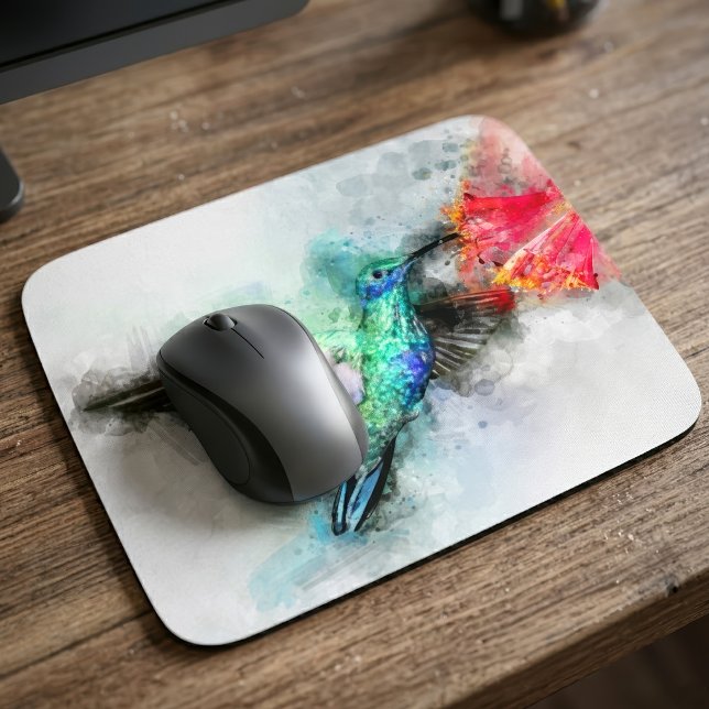 Hummingbird mit Blume Wasserfarbe - 01 Mousepad (Vibrant Hummingbird Watercolor Floral Art Print. Mouse Pad)