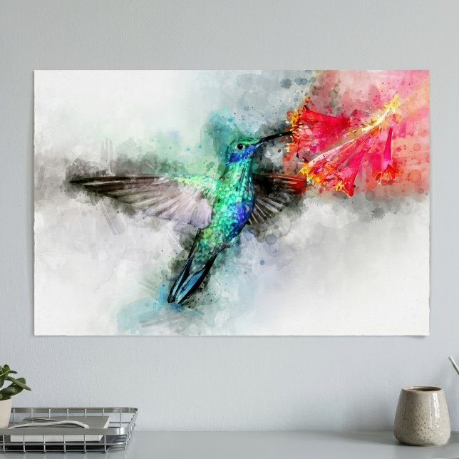 Hummingbird mit Blume Wasserfarbe - 01 Poster (Vibrant Hummingbird Watercolor Floral Art Print. Poster)