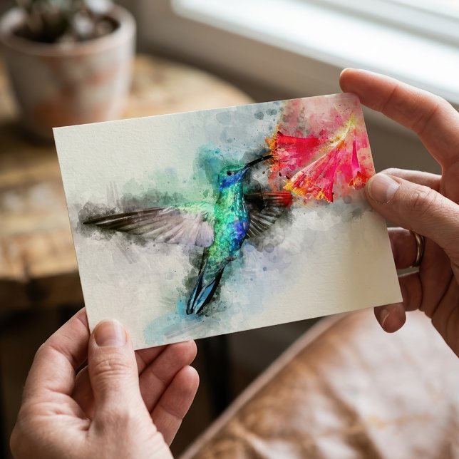 Hummingbird mit Blume Wasserfarbe - 01 Postkarte (Vibrant Hummingbird Watercolor Floral Art Print. Postcard)