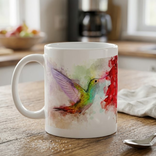Hummingbird mit Blume Wasserfarbe - 03 Kaffeetasse (Watercolor Hummingbird Feeding on Red Flower. Coffee Mug)
