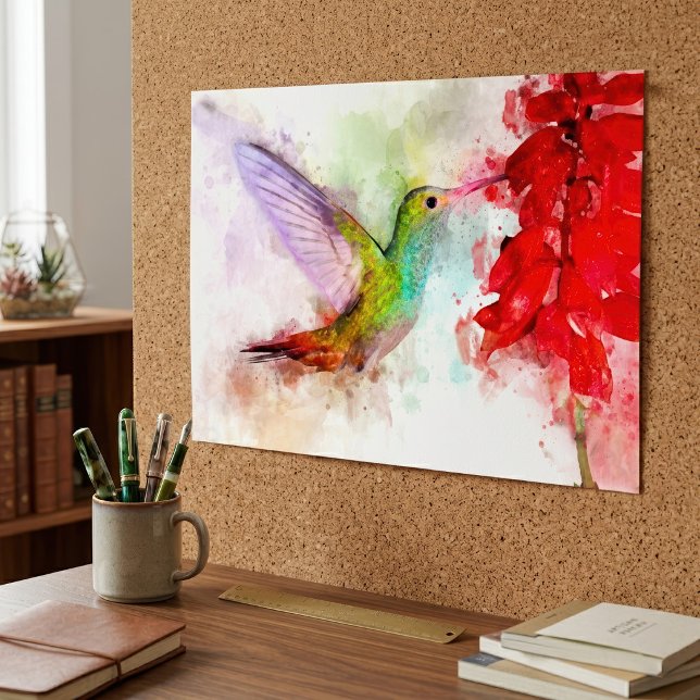 Hummingbird mit Blume Wasserfarbe - 03 Poster (Watercolor Hummingbird Feeding on Red Flower. Poster)