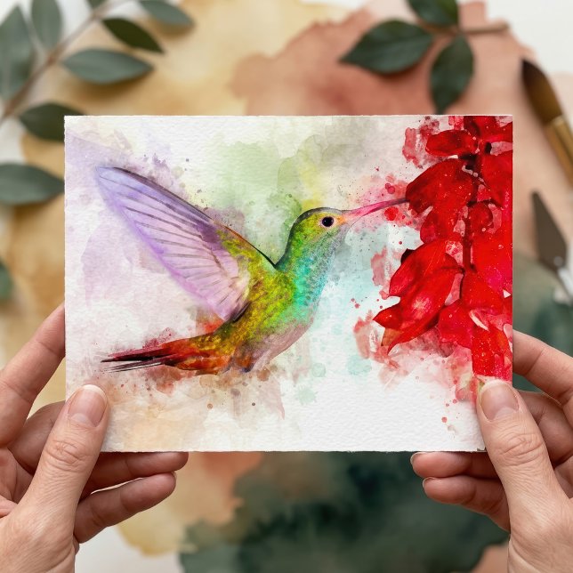 Hummingbird mit Blume Wasserfarbe - 03 Postkarte (Watercolor Hummingbird Feeding on Red Flower. Postcard)